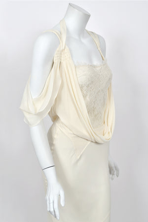 2005 John Galliano Ivory Sheer Silk Chiffon & Chantilly Lace Draped Halter Bias-Cut Gown