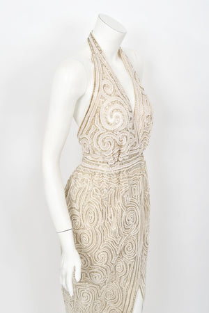 1970's Halston Couture Ivory Beaded Sheer Lace Backless Halter Wrap Gown