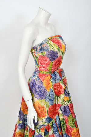 1958 Arnold Scaasi Couture Colorful Floral Silk Strapless Dress & Swing Jacket