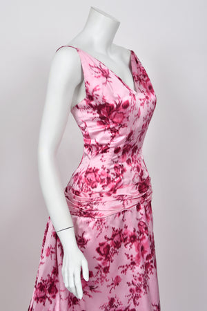 1955 Samuel Winston Vogue Documented Pink Floral Silk Satin Sculptural Trained Gown
