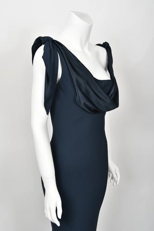 1998 Christian Dior by John Galliano Navy Blue Silk Draped Bias-Cut Evening Gown