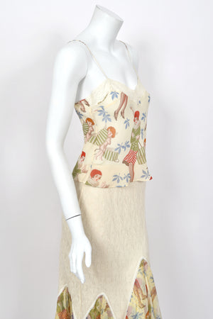 2004 John Galliano 'Cherubs & Flappers' Whimsical Print Silk Camisole & Cashmere Knit Bias-Cut Skirt Set