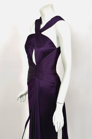 2013 Versace Runway Royal Purple Stretch Jersey Cut-Out High Slit Hourglass Gown