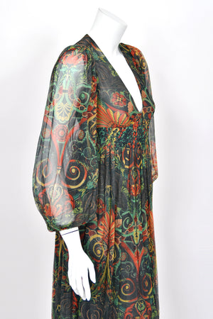 1971 Thea Porter Couture Green Art Nouveau Motif Silk Billow-Sleeve Maxi Dress
