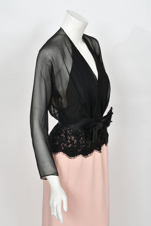 1986 Oscar de la Renta Documented Runway Black Sheer Chiffon & Pink Silk Gown