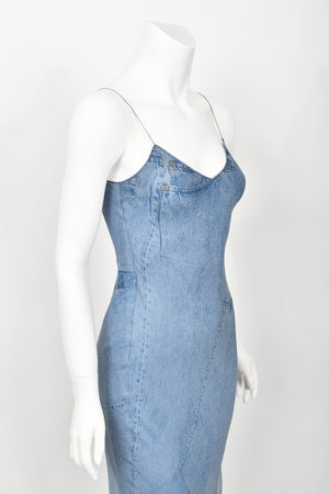 2000 Christian Dior by John Galliano Trompe L'oeil Denim Print Silk Bias-Cut Dress