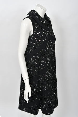 1960's Pauline Trigère Rhinestone Studded Black Wool Mod Trapeze Dress