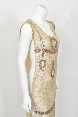 1920's Iridescent Ivory & Gold Beaded Sequin Sheer-Net Tabard Flapper Dress