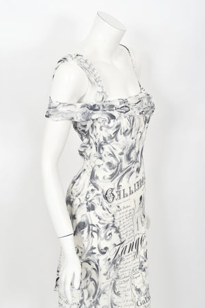 2006 John Galliano Documented Newspaper Print Silk Chiffon Bias-Cut Slip Dress
