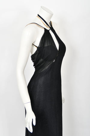 1998 Versace Couture Black Stretch Knit & Sheer Silk Cut-Out Hourglass Gown
