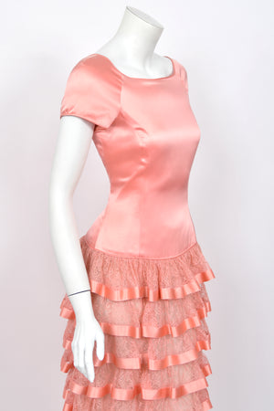 1993 Valentino Runway Blush Pink Silk & Sheer Chantilly-Lace Tiered Ruffle Maxi Dress