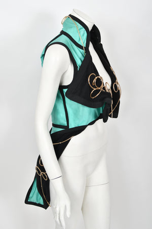 1991 John Galliano Documented Runway Black & Blue Military Inspired Cropped Vest