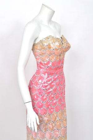 1950's Custom Couture Fully Sequin Pink Ombré Rhinestone Hourglass Gown w/ Gloves