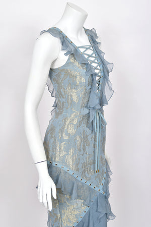 2003 Christian Dior by John Galliano Metallic Powder Blue Floral Silk Brocade Lace Up Bias-Cut Gown