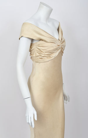 2007 John Galliano Champagne Silk Satin Off-Shoulder Bustier Bias-Cut Gown w/Tags
