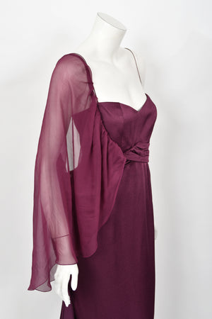 2000 Christian Dior by John Galliano Purple Silk Sheer-Sleeve Asymmetric Draped Gown