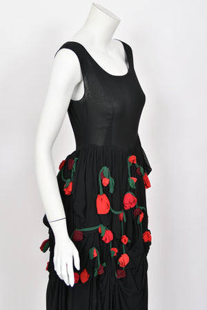 1990 Dolce & Gabbana Black Silk Chiffon Red-Roses Floral Appliqué Dress