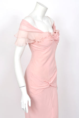2004 Christian Dior by John Galliano Light Pink Silk Draped Shawl High Slit Bias-Cut Gown