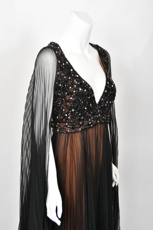 1969 Bob Mackie Couture Documented Beaded Nude-Illusion Pleated Silk Cape Gown