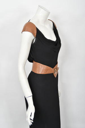 2001 Versace Couture Documented Runway Black Sheer Silk & Leather Bias-Cut Gown