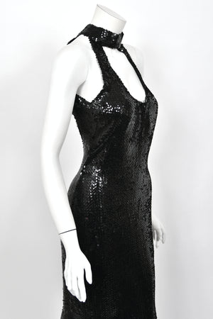 1973 Loris Azzaro Couture Black Fully Sequin Cut-Out Hourglass Mermaid Gown