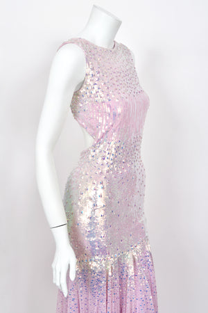 2012 Blumarine Runway Iridescent Lilac Pink Fully Sequin Cut-Out Hourglass Mermaid Gown