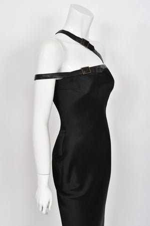 2001 Christian Dior by John Galliano Black Silk Leather-Strap Bondage Bias-Cut Gown