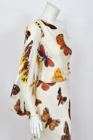 2007 Alexander McQueen Butterfly Motif Silk Asymmetric Billow Sleeve Bias-Cut Gown