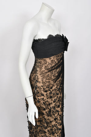 2009 Valentino Black Silk & Beaded Sheer Illusion Lace Strapless Bustier Gown