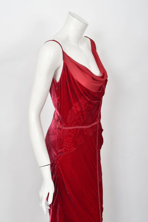 2006 Christian Dior by Galliano Ruby Red Velvet Asymmetric Draped Bias-Cut Gown