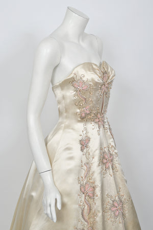 1950's Beaded Embroidered Cream & Pale Pink Satin Strapless Couture Ballgown