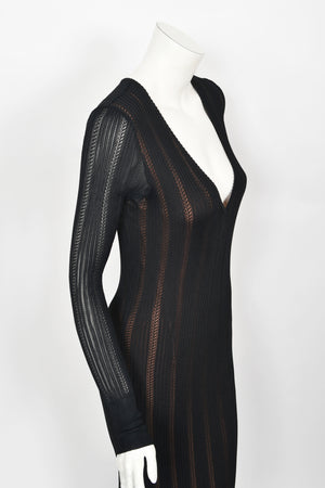 1996 Azzedine Alaïa Black Nude-Illusion Silky Knit Bodycon Floor Length Gown