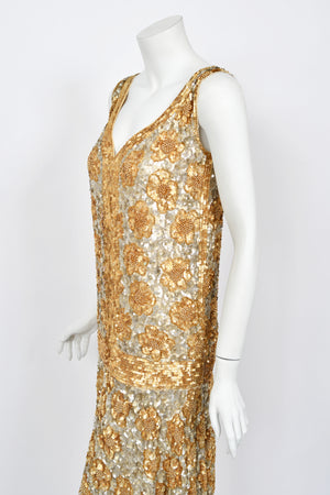 1920's French Couture Metallic Gold Beaded Sequin Cotton-Net Flapper Dress