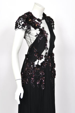 2012 Gucci Runway Editorial Heavily Embellished Sequin Sheer Black Pleated Tulle Gown