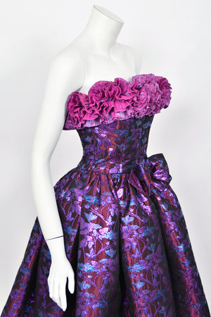 1989 Nina Ricci Haute Couture Metallic Fuchsia Silk Brocade Strapless Skirted Dress