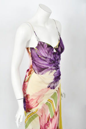 2005 Roberto Cavalli Large-Scale Floral Silk Bustier High-Slit Gown & Shawl