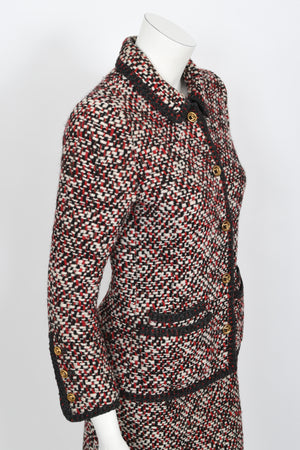 1973 Chanel Haute Couture Red Black Ivory Wool Tweed Jacket & Skirt Suit