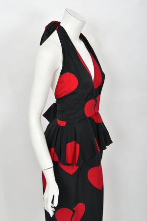 1994 Moschino Couture Documented 'Heartbreaker' Novelty Print Silk Convertible Dress
