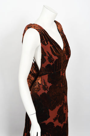 1999 Galindo Couture Metallic Amber Devoré Velvet Bias-Cut Trained Gown
