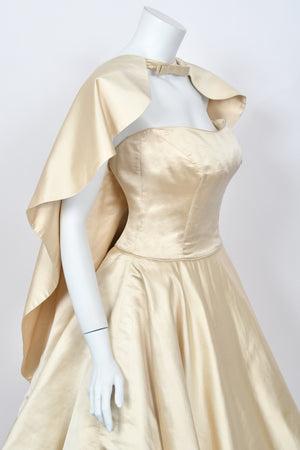 1950's Don Loper Couture Ivory Silk Satin Strapless Full-Skirted Dress w/ Detachable Cape