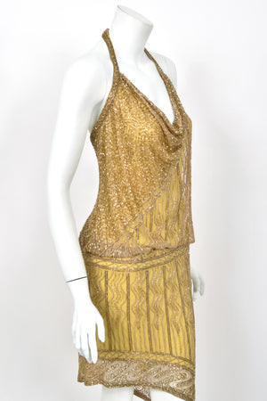 1992 Bob Mackie Runway Metallic Gold Fully-Beaded Halter High Slit 'Flapper' Dress
