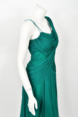 1958 Irene Lentz Couture Teal Green Draped Silk Grecian Goddess Gown
