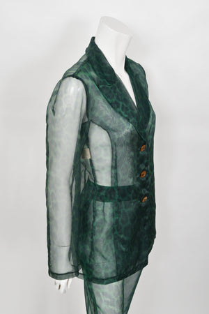 1997 Rifat Ozbek Sheer Green Leopard Print Blazer & Trousers Pantsuit