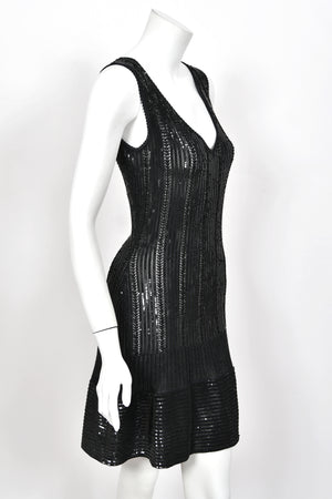 1996 Azzedine Alaia Beaded Sequin Black Semi-Sheer Stretch Knit Flounced Mini Dress