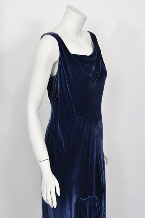 1930 Molyneux Haute Couture Documented Sapphire Blue Silk Velvet Bias-Cut Gown