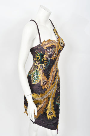 1970's Embroidered Peacock Motif Beaded Silk Couture Dance Dress