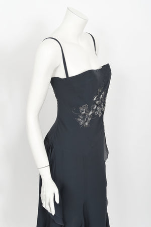 2006 Christian Dior by John Galliano Beaded Gunmetal Silk Bustier Dress