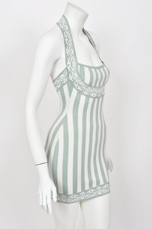 1992 Azzedine Alaia Runway Mint & Ivory Striped Stretch Knit Halter Bodycon Mini Dress