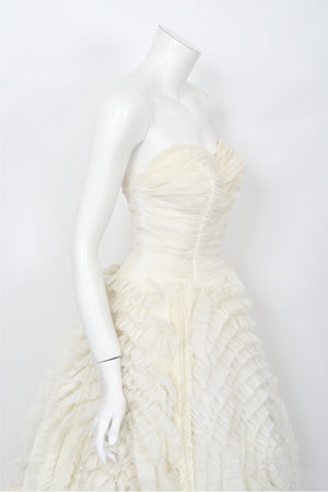 1950's Ivory Chiffon Strapless Tiered Ruffle Full-Length 'New Look' Bridal Gown