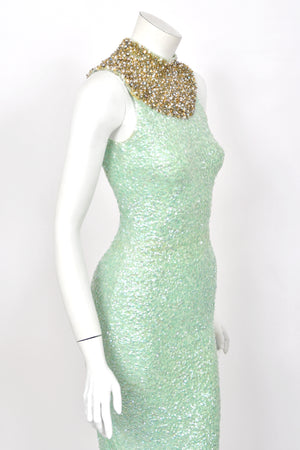 1960's Gene Shelly Seafoam Fully- Sequin Stretch Knit Beaded Collar Hourglass Gown